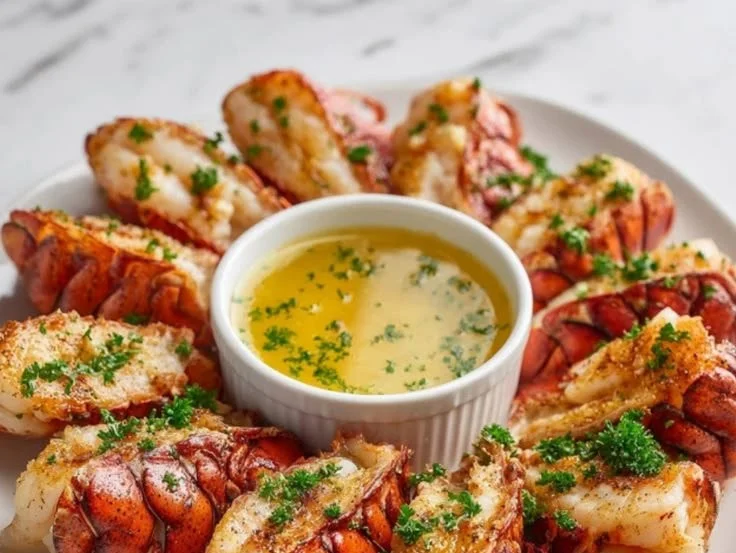 Garlic butter lobster served on a plate with fresh herbs and lemon.