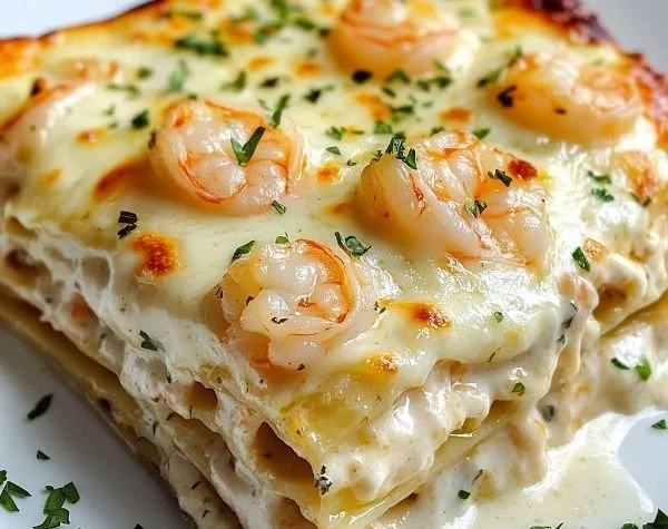 Delicious Garlic Butter Shrimp Scampi Lasagna plated with garnish.