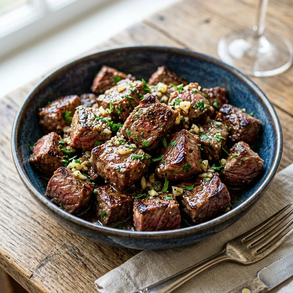 Delicious garlic butter steak bites served on a plate.