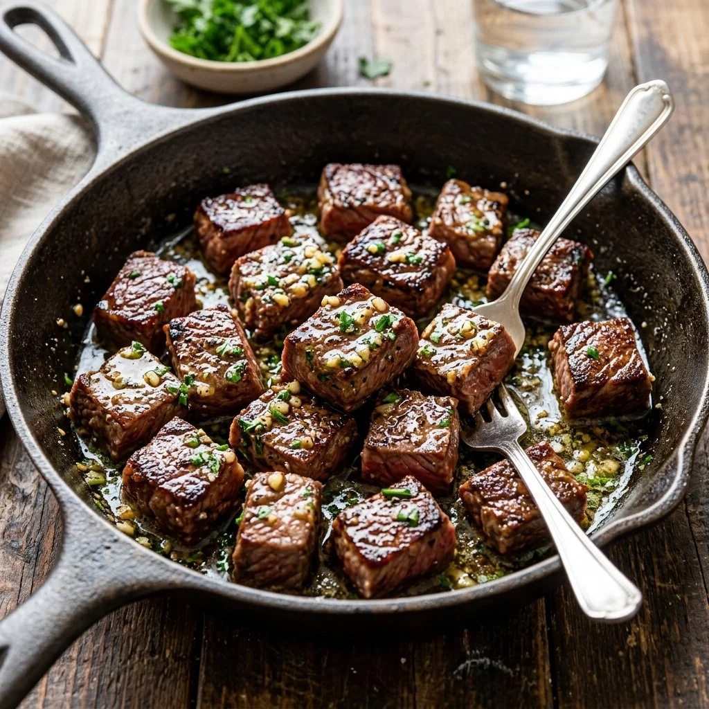 Delicious garlic butter steak bites served on a plate