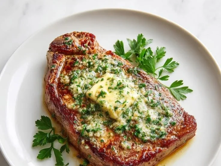 Juicy garlic butter steak cooked in an air fryer, served on a plate