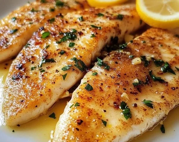 Plate of Garlic Butter Tilapia garnished with herbs and lemon slices
