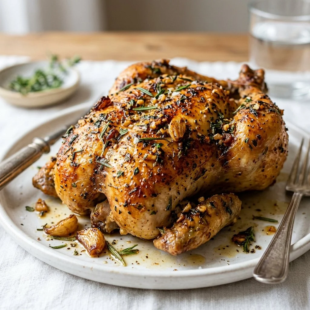 Garlic Herb Chicken served with fresh herbs and vegetables