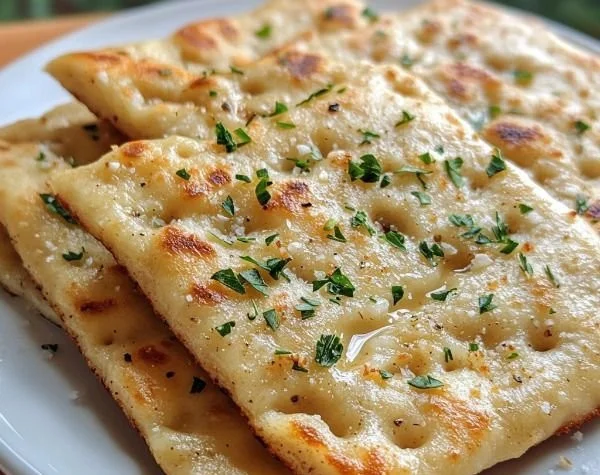 Delicious Garlic Keto Flatbread ready to be served on a plate.