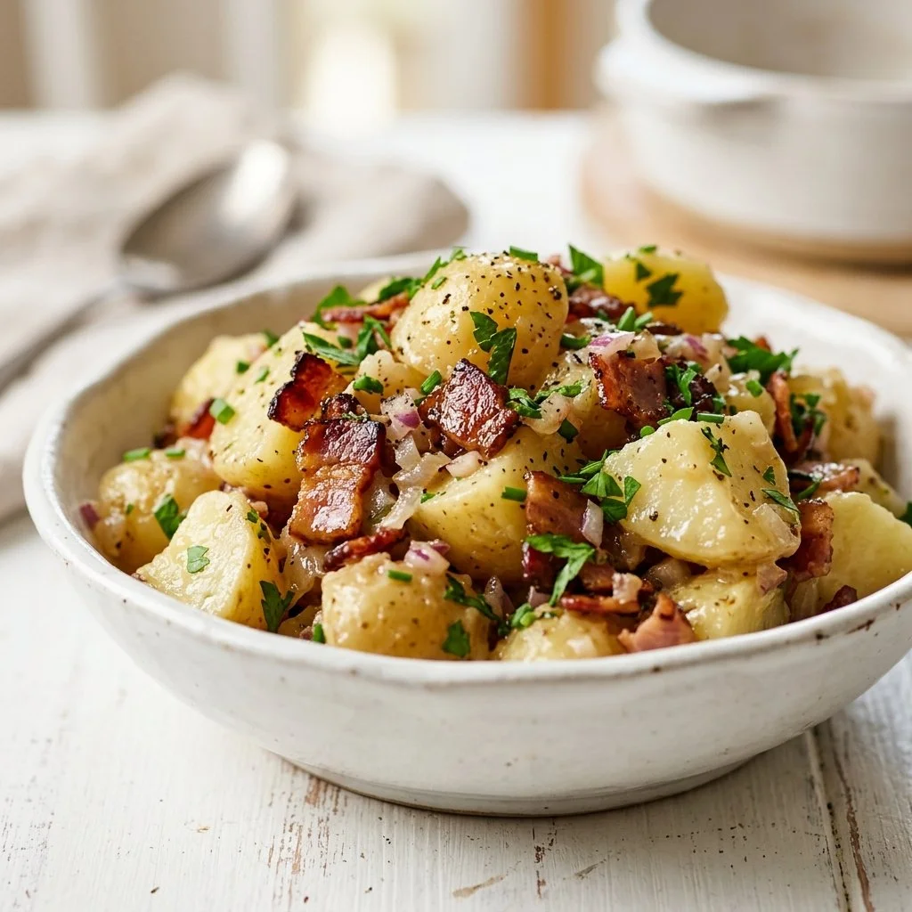 Delicious German Potato Salad with fresh herbs and a tangy dressing.