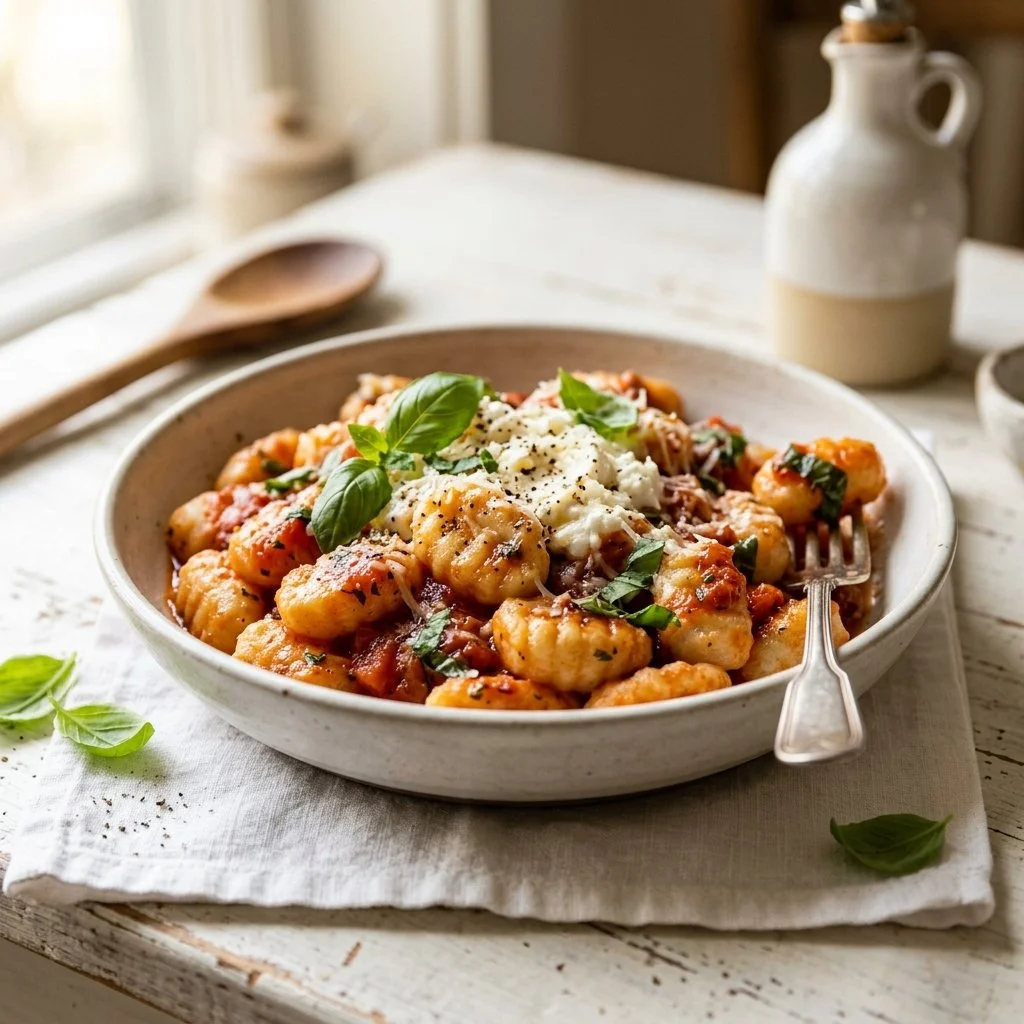 Delicious homemade gnocchi served with sauce and garnish