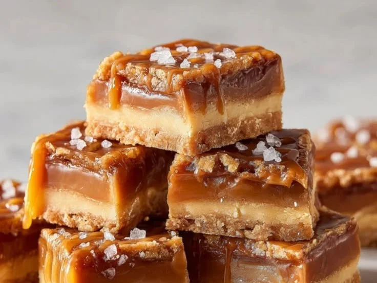 Delicious gooey salted caramel butter bars on a plate