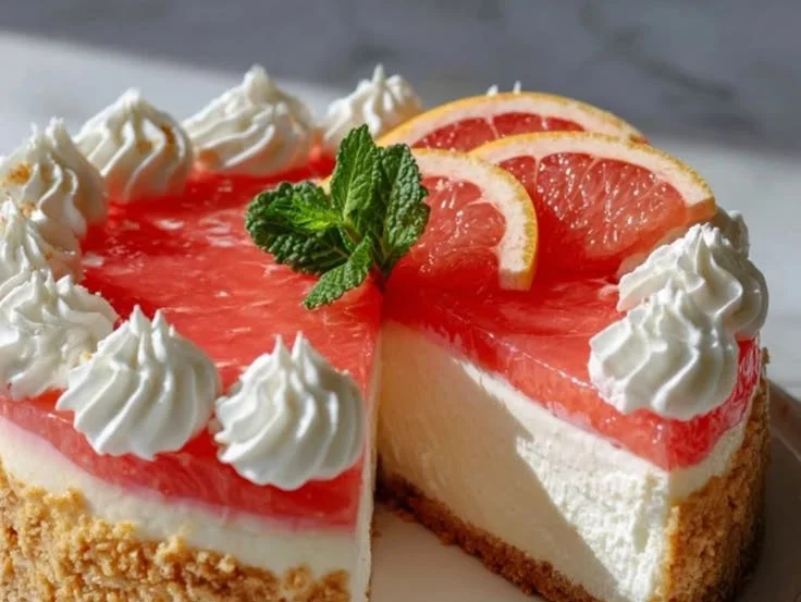 Slice of grapefruit cheesecake garnished with grapefruit slices on a white plate