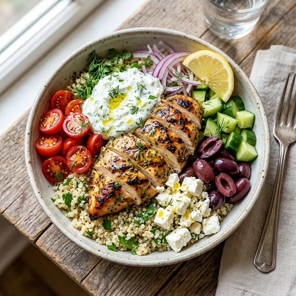 Delicious Greek Chicken Bowl with fresh vegetables and feta cheese