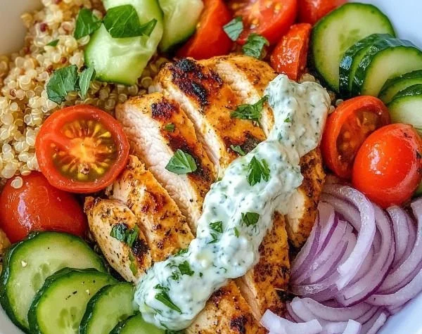 Greek Chicken Bowls with Tzatziki sauce and fresh ingredients