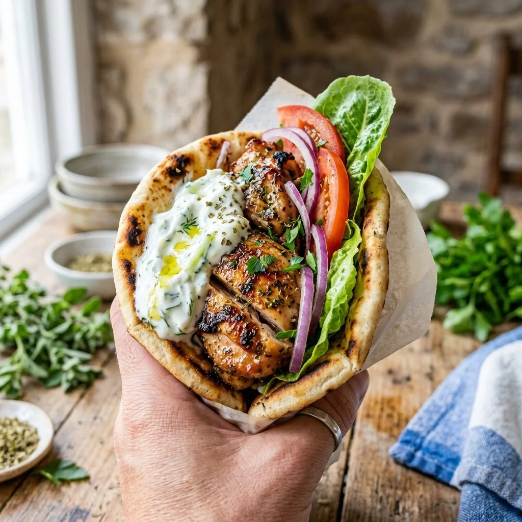 Delicious Greek Chicken Gyros served with fresh vegetables and tzatziki sauce
