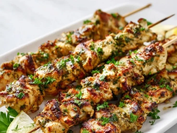 Delicious Greek Chicken Kabobs on a skewer with fresh vegetables