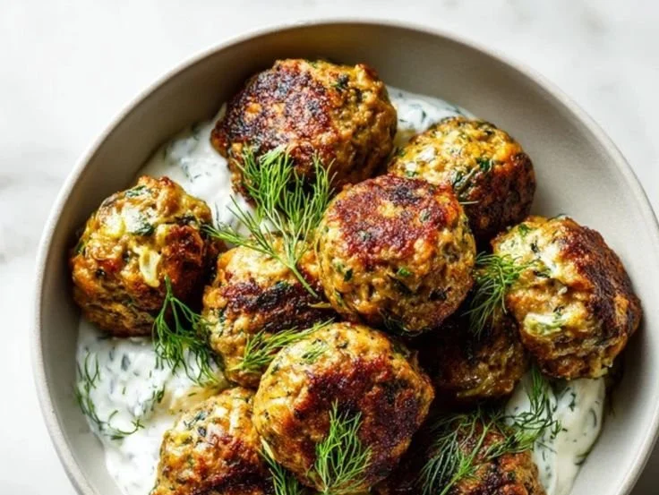 Greek lentil meatballs on a plate garnished with herbs
