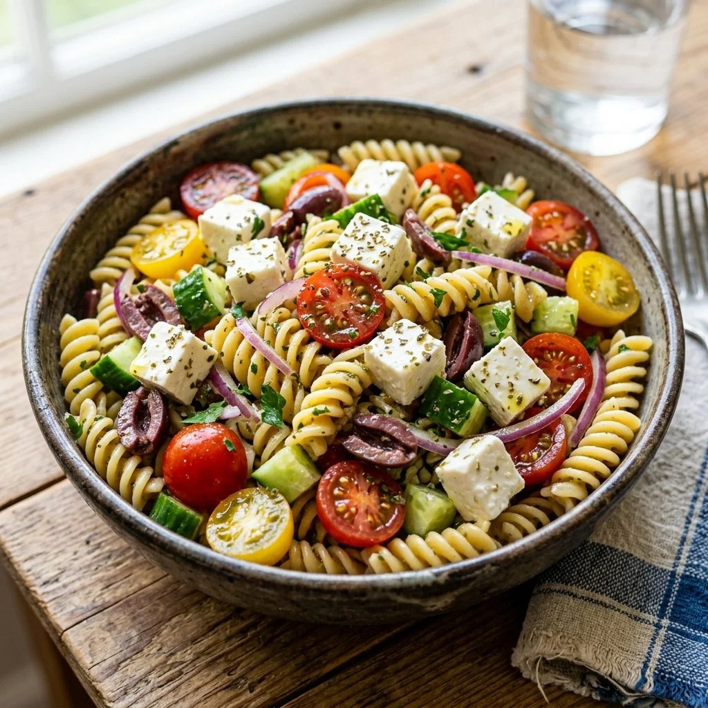 A vibrant Greek Pasta Salad with tomatoes, olives, and feta cheese in a bowl.