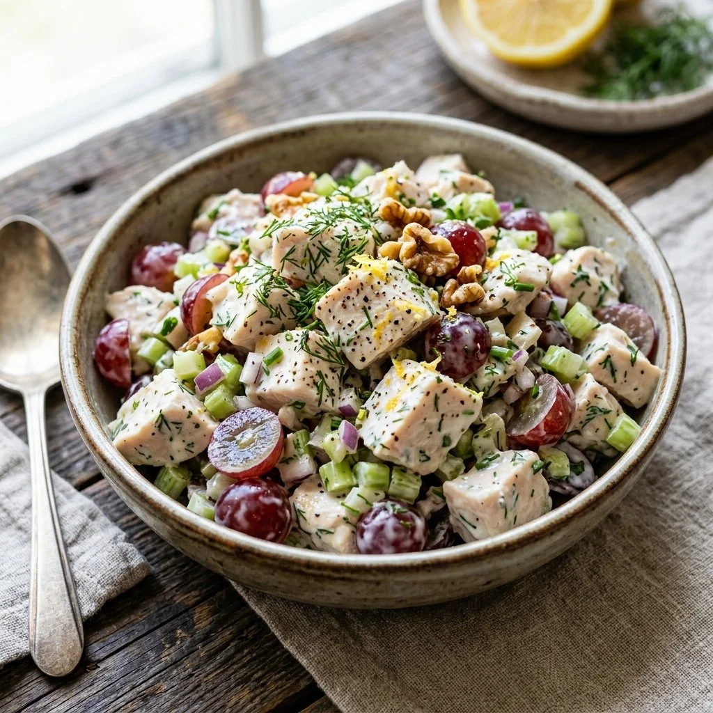Greek Yogurt Chicken Salad with fresh ingredients in a bowl