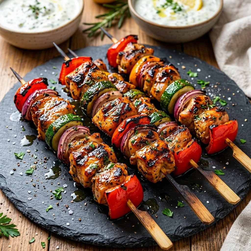 Grilled chicken kabobs on skewers with colorful veggies