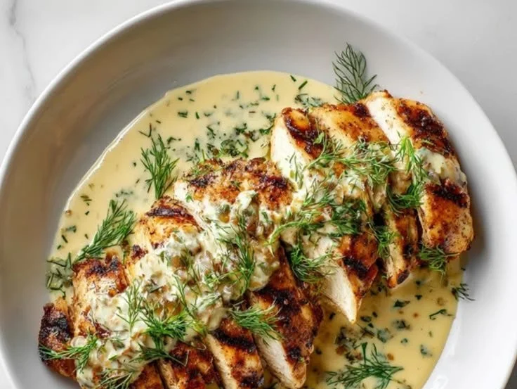 Grilled chicken breast served with creamy dill sauce on a plate