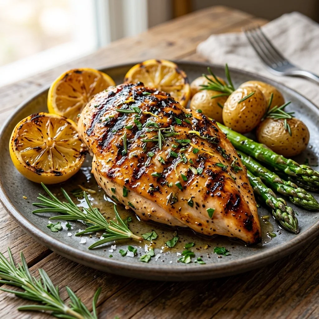 Plate of grilled lemon herb chicken garnished with fresh herbs and lemon slices