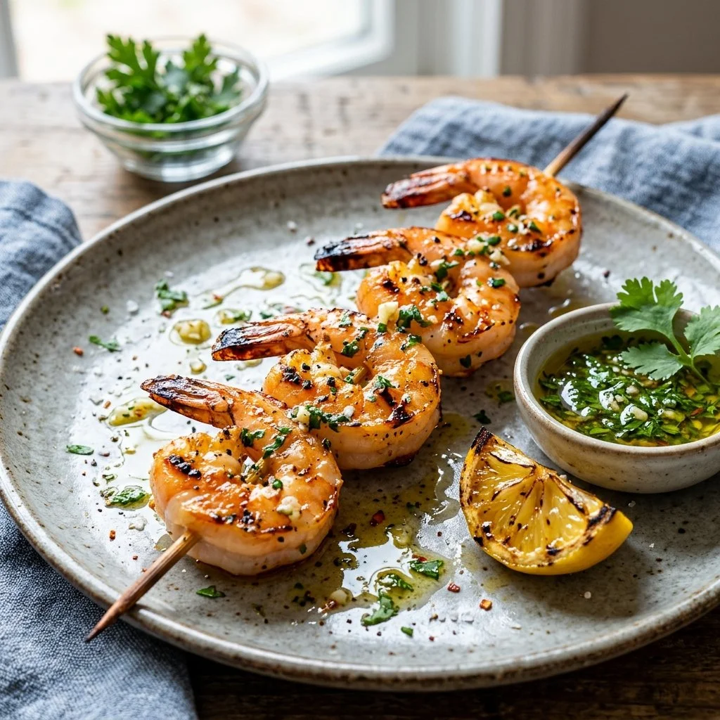 Delicious grilled shrimp skewers ready to serve on a platter