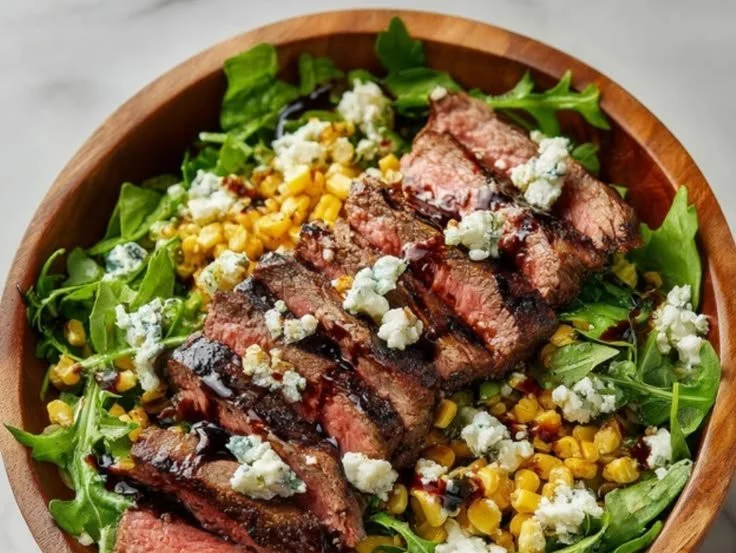 A delicious Grilled Steak served on a bed of fresh arugula salad.