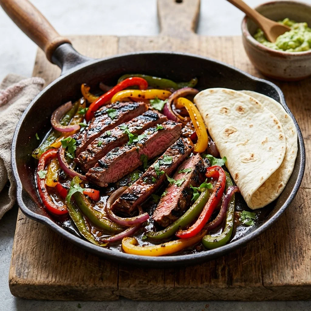 Grilled steak fajitas served with colorful bell peppers and onions