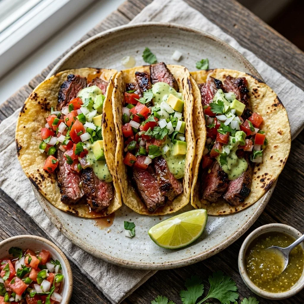Delicious grilled steak tacos served with fresh toppings and a side of salsa.