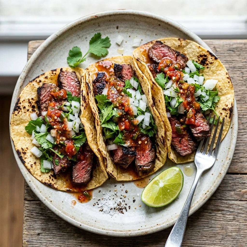 Delicious grilled steak tacos topped with fresh cilantro and onions