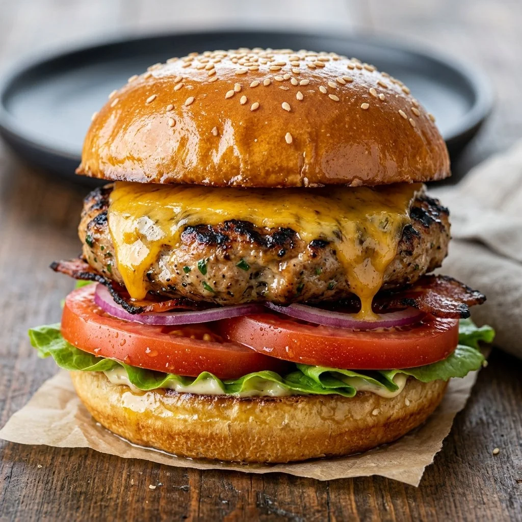 Delicious grilled turkey burgers served on a plate with fresh toppings.