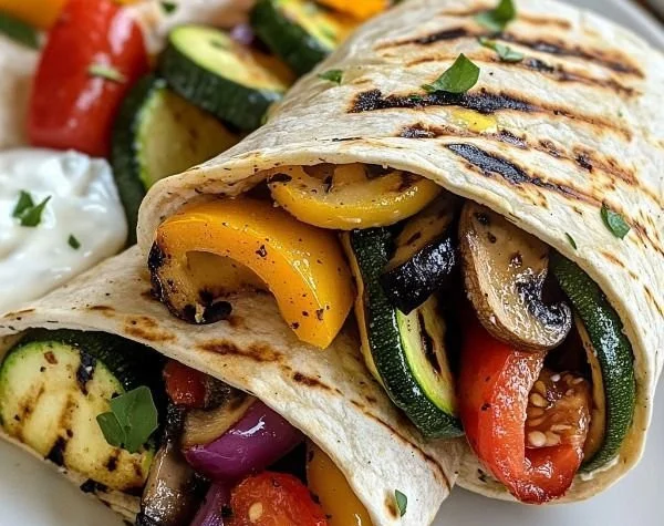 Colorful grilled veggie wraps filled with fresh vegetables and herbs.
