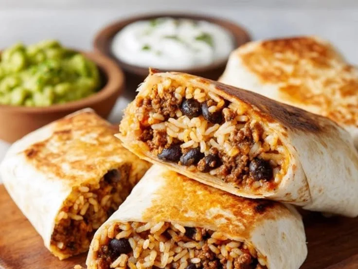 Delicious ground beef burritos served with toppings