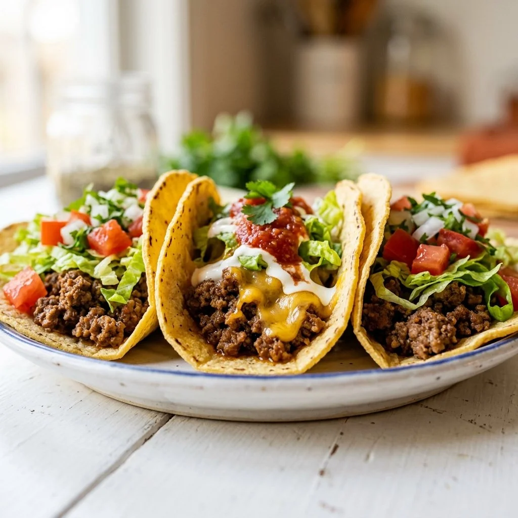 Flavored ground beef tacos served with fresh toppings and garnishes.