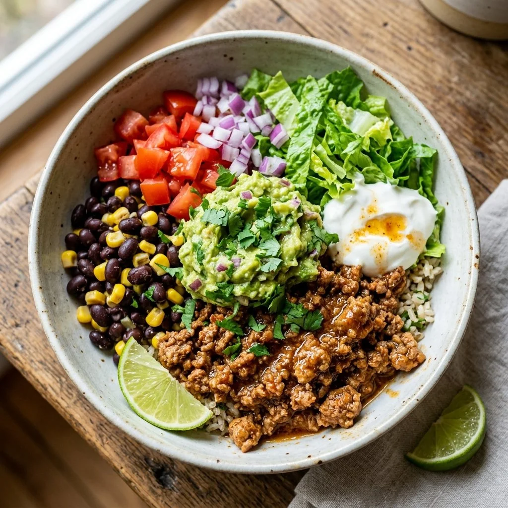Healthy ground turkey taco bowls filled with fresh toppings and spices