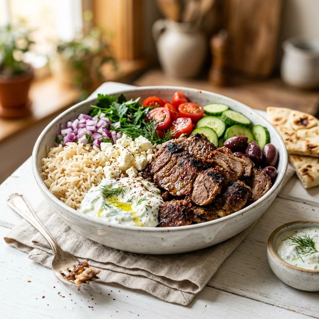Delicious homemade Gyro Bowl with fresh toppings and flavorful ingredients