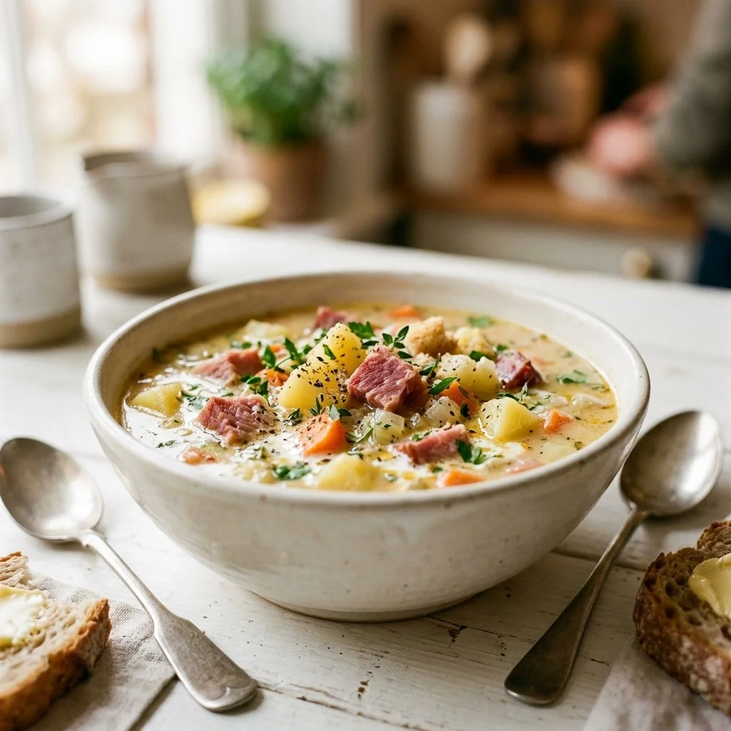 Bowl of creamy ham and potato soup garnished with herbs