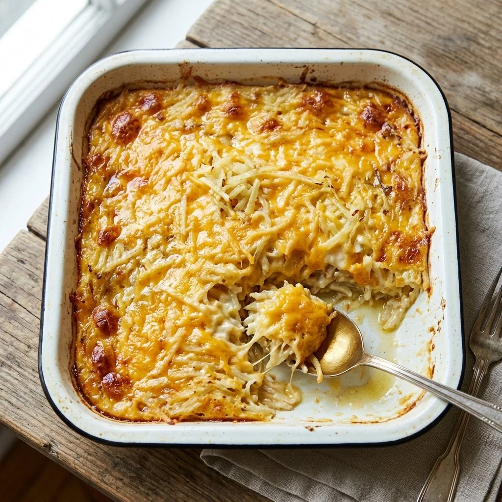 Homemade Hash Brown Casserole baked with cheese and crispy toppings
