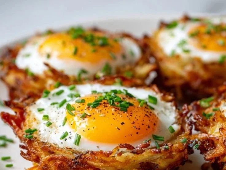 Delicious hash brown egg nests served on a plate for breakfast.