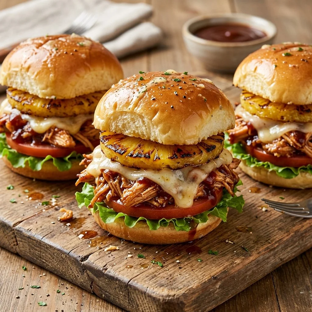 Hawaiian chicken sliders with a pineapple glaze on a platter