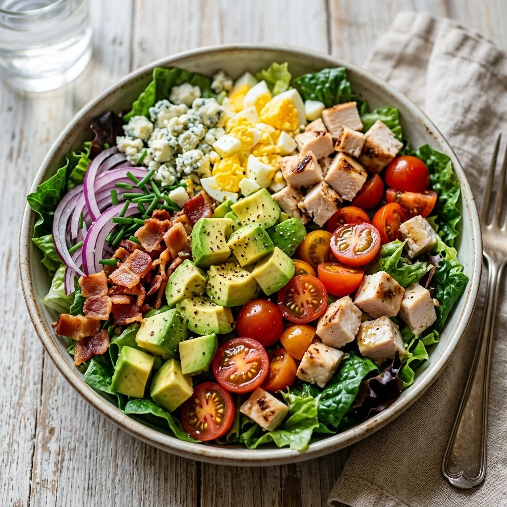 Healthy Cobb Salad with fresh vegetables, avocado, eggs, and grilled chicken.