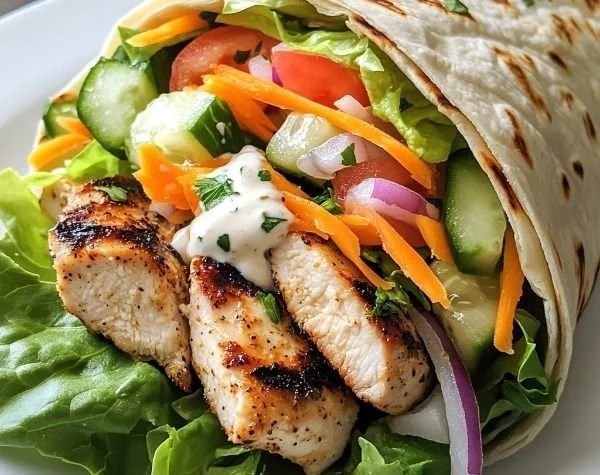 Healthy grilled chicken ranch wraps served on a plate with fresh ingredients.
