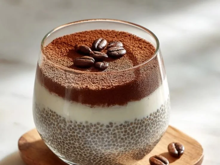 Healthy tiramisu chia pudding served in a bowl with cocoa powder on top
