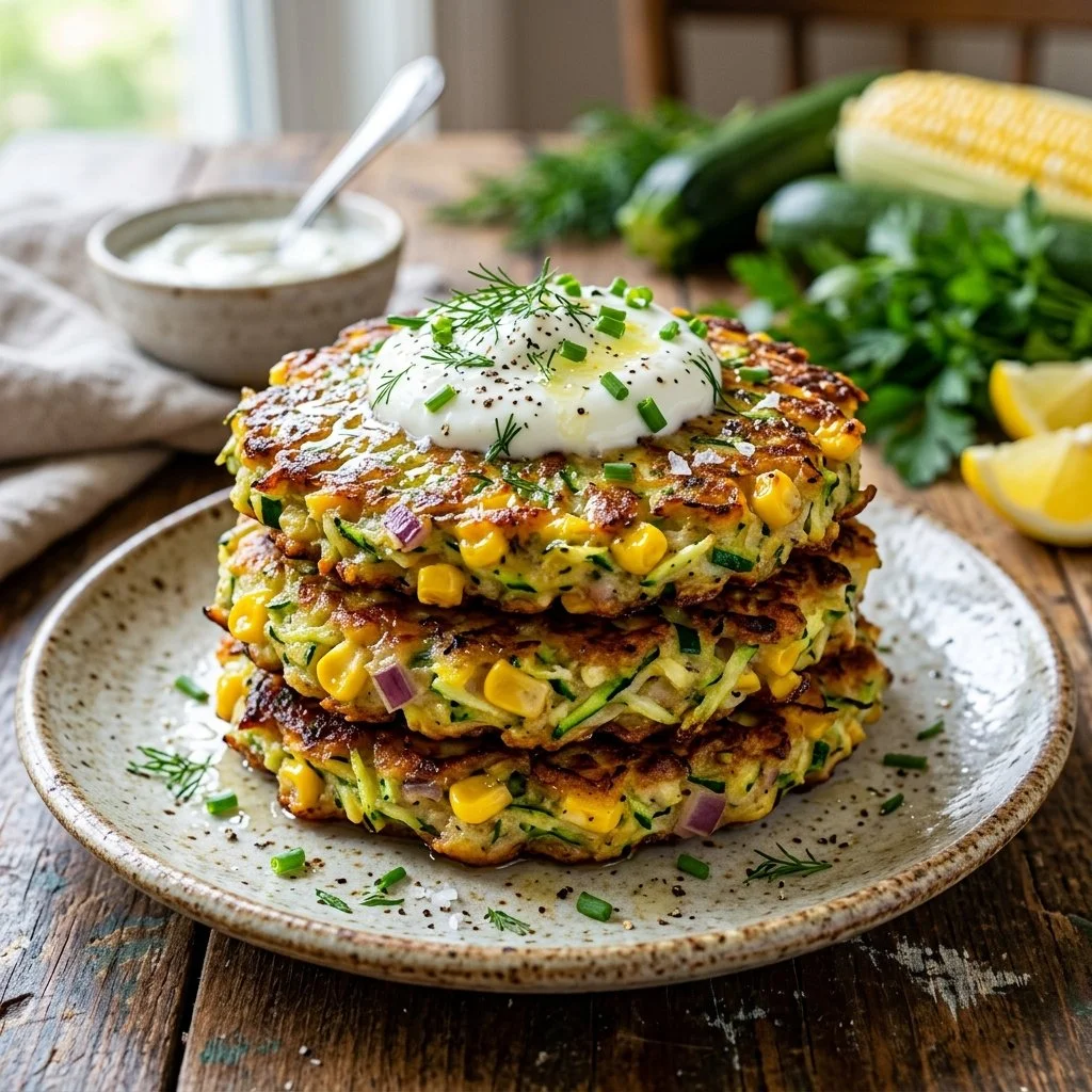 Healthy zucchini corn fritters served on a plate with fresh herbs