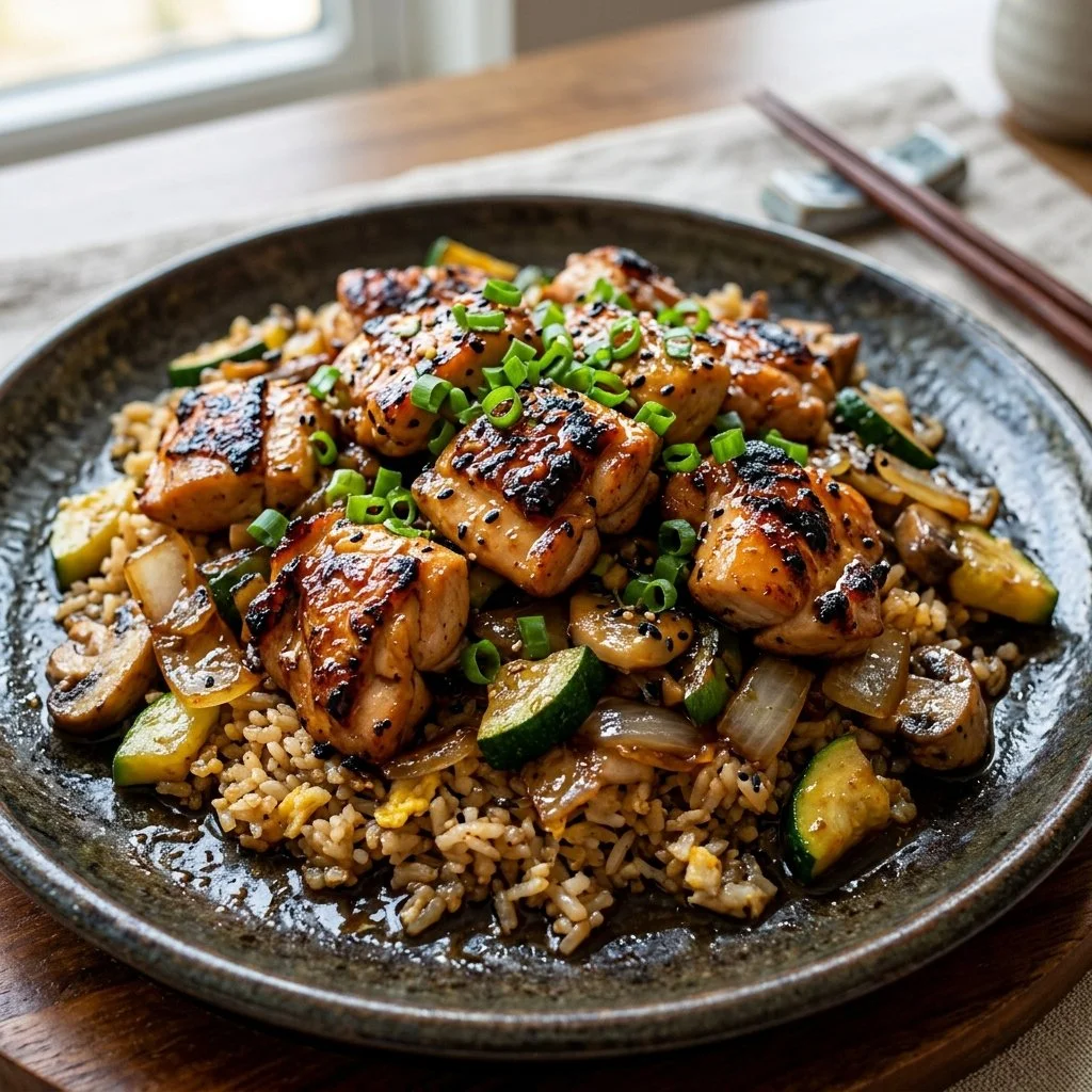 Plate of delicious Hibachi Chicken with vegetables and rice