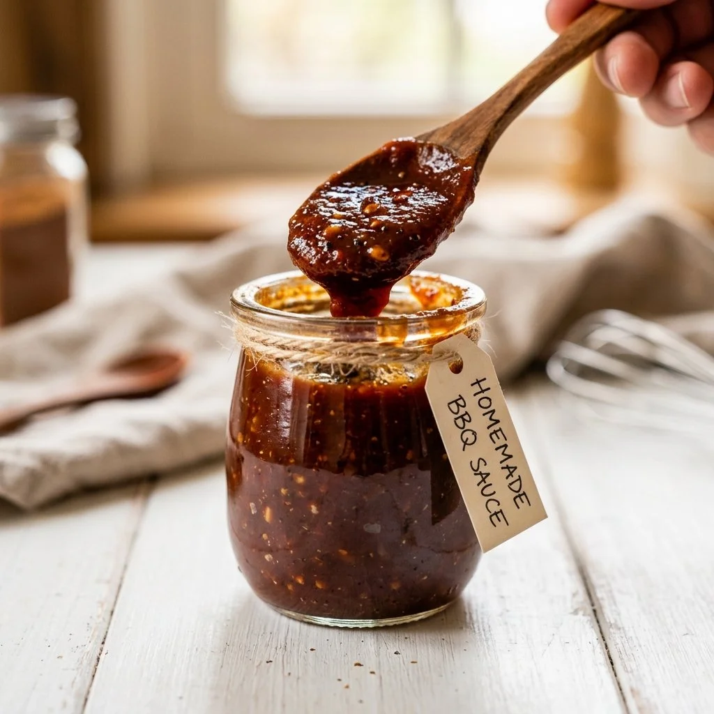 Bowl of homemade BBQ sauce recipe with spices and ingredients
