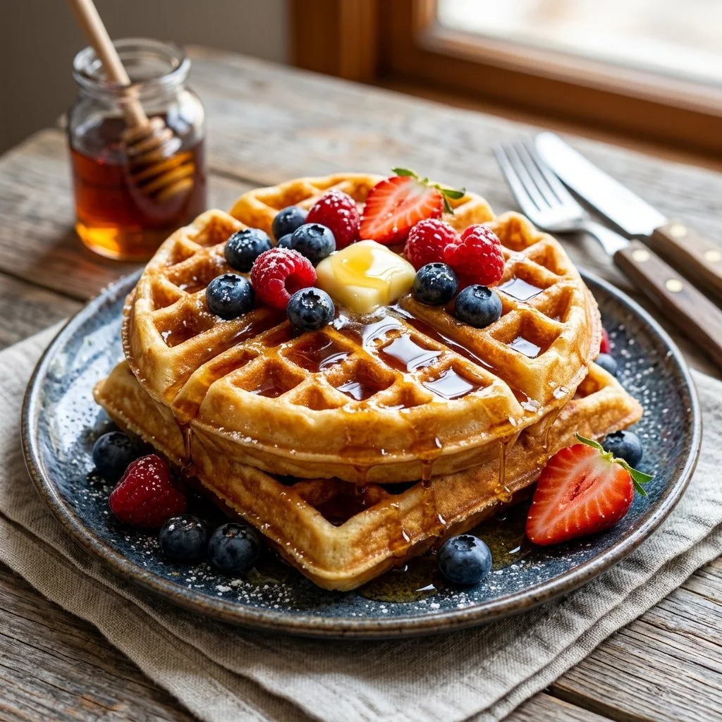 Plate of homemade Belgian waffles with syrup and berries