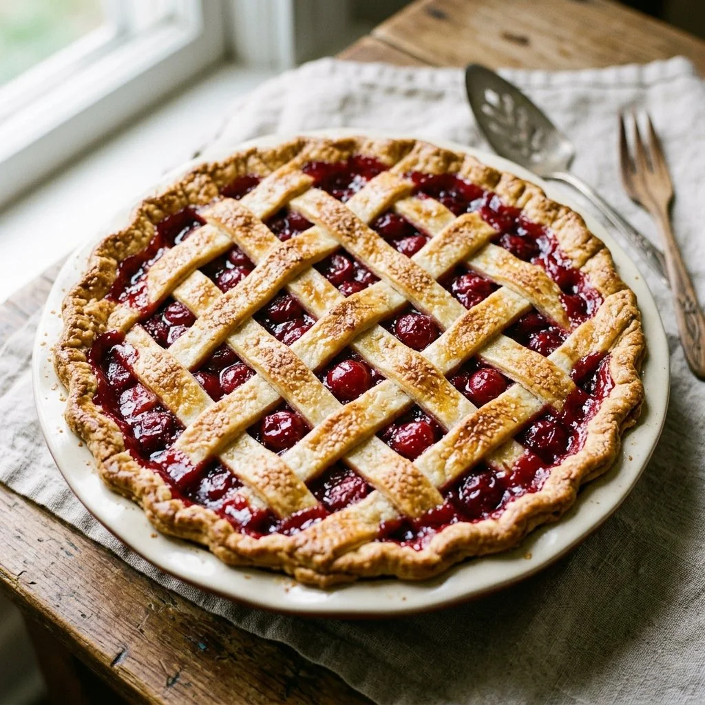Delicious homemade cherry pie with a flaky crust and fresh cherries