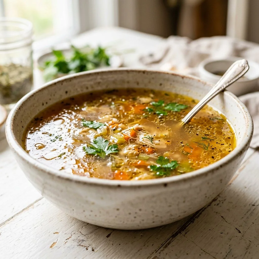Homemade chicken broth simmering in a pot with fresh vegetables and herbs.