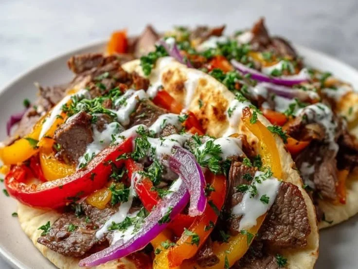 Homemade doner kebab served with fresh vegetables and sauces.