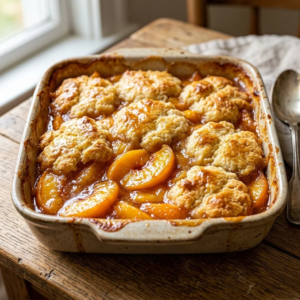 Delicious homemade peach cobbler served warm with ice cream