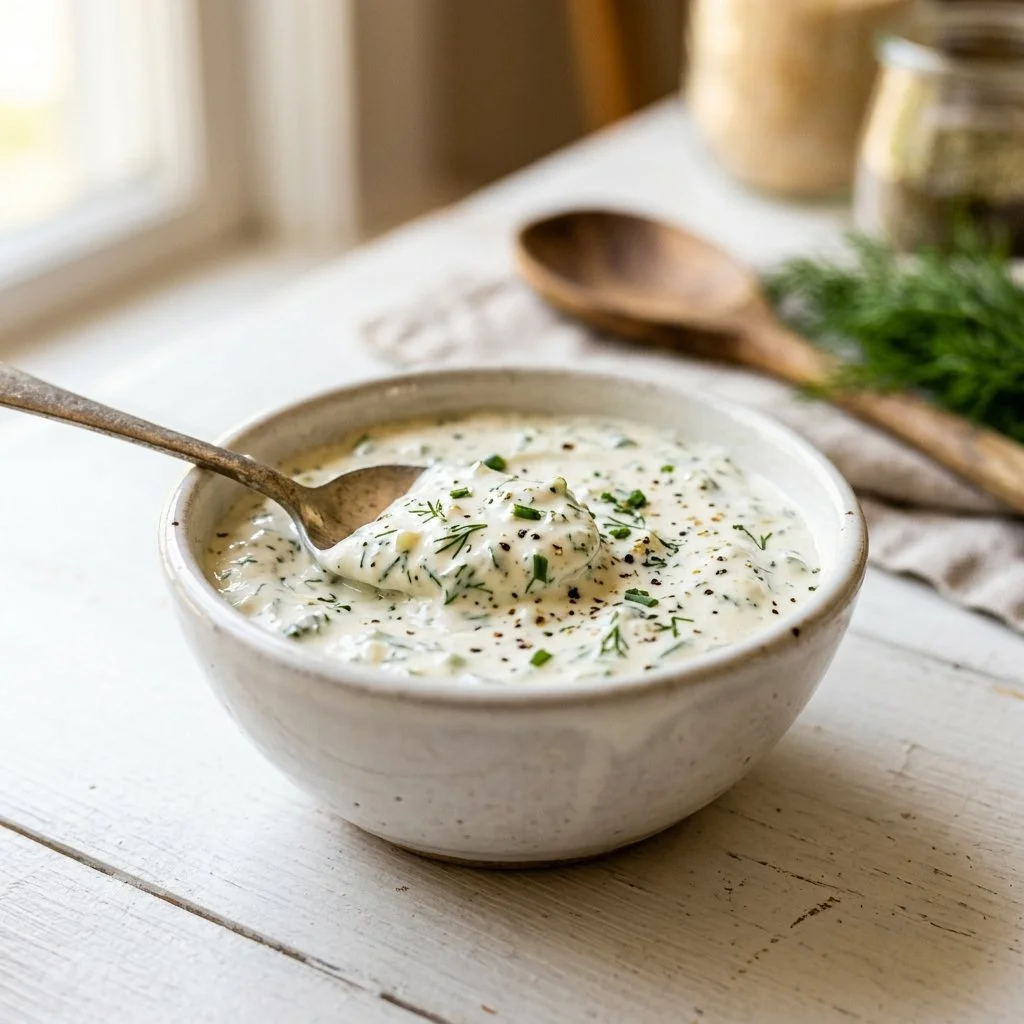 Delicious homemade ranch dressing in a jar with fresh herbs and spices