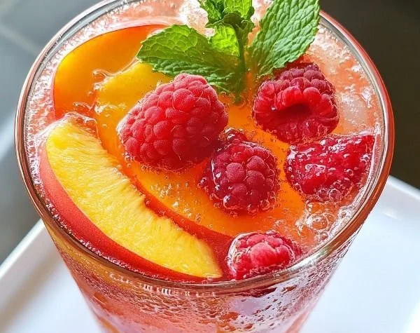 Refreshing homemade raspberry peach lemonade in a glass with fresh fruit garnish.